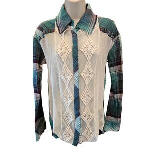 Gimmicks bke mixed media lace cowboy plaid button up coquette teal S western